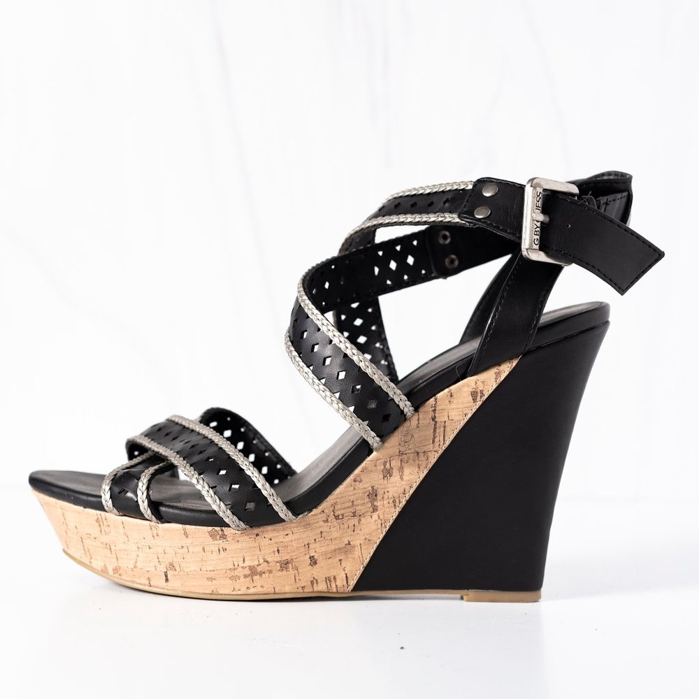 G By GUESS Bethia Strappy Wedge Cork Ankle strap